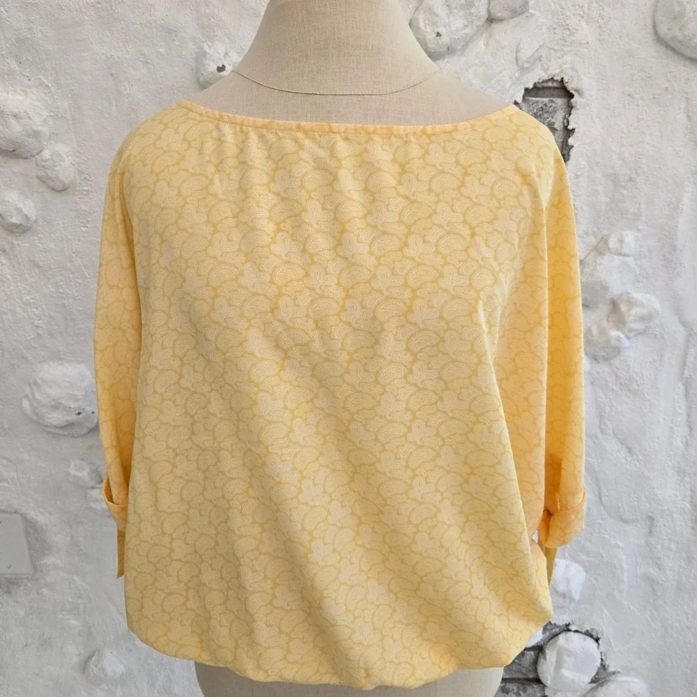Michael Kors Yellow Paisley Blouson Top Boat Neck Grommet Tie Sleeve Blouse